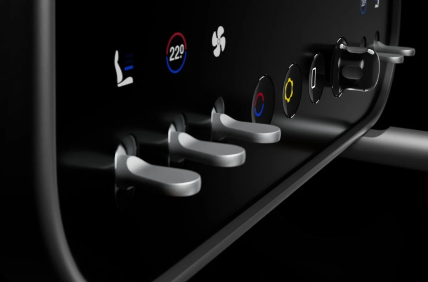 Panel sterowania samochodu z chromowanymi przełącznikami i ikonami funkcji klimatyzacji oraz wentylacji, oznaczenia temperatury i ustawień fotela widoczne w górnej części, całość utrzymana w nowoczesnym stylu.