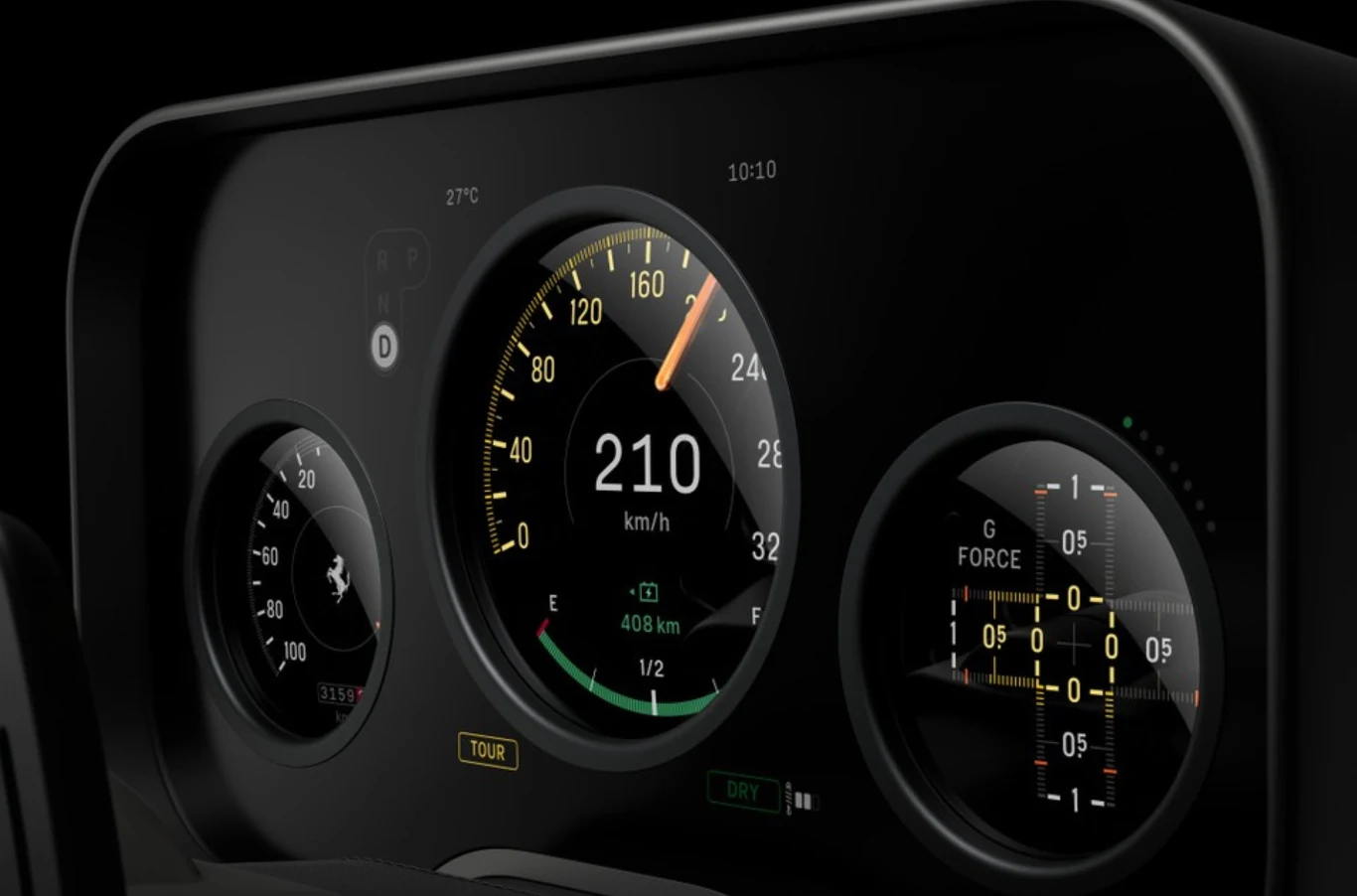 Cyfrowa deska rozdzielcza pojazdu wyświetlająca aktualną prędkość 210 km/h, informacje o temperaturze, biegu, sile odśrodkowej oraz wskaźniki jazdy w różnych trybach.