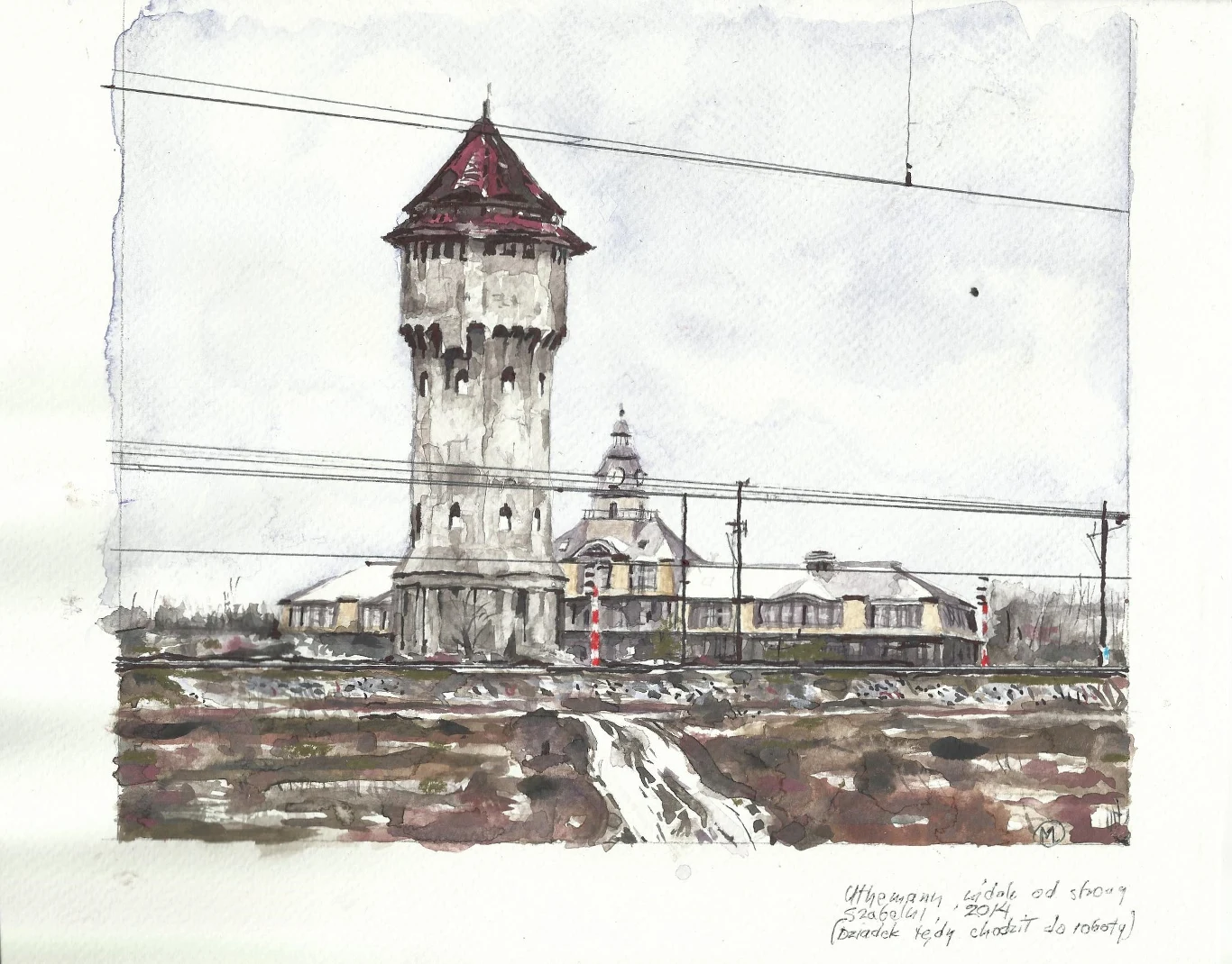 Zabudowania huty "Uthemann" widziane od strony Szabelni Stara wieża ciśnień z czerwonym dachem oraz znajdujący się za nią budynek kolejowy, otoczone torami kolejowymi i przewodami trakcyjnymi. Przed wieżą widoczne pasy ziemi i fragment drogi pokrytej śniegiem lub błotem.