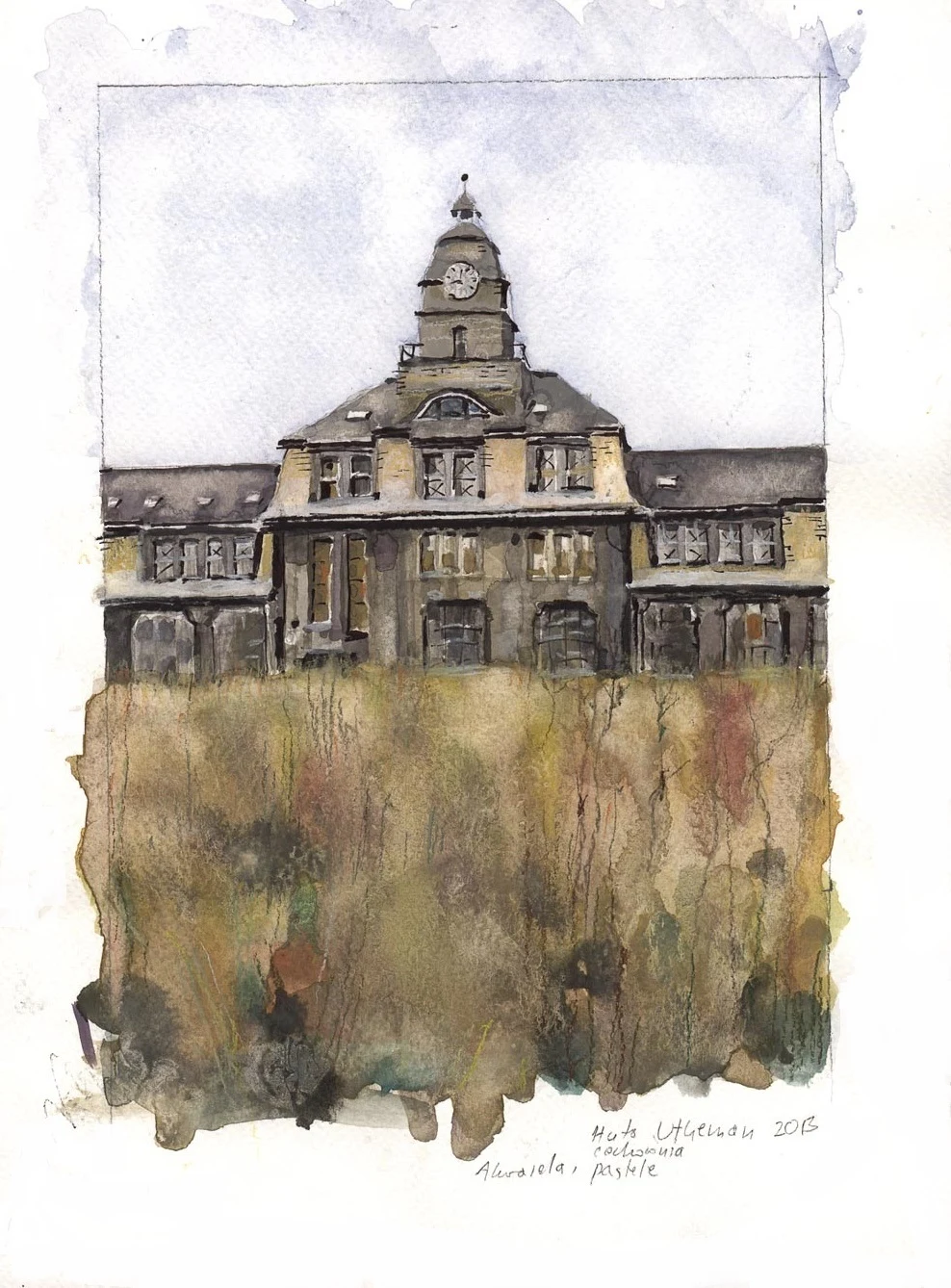 Cechownia, Huta Katowice Stary budynek z wieżyczką i zegarem, otoczony rozmytymi, jesiennymi trawami i krzewami, wykonany techniką akwareli.