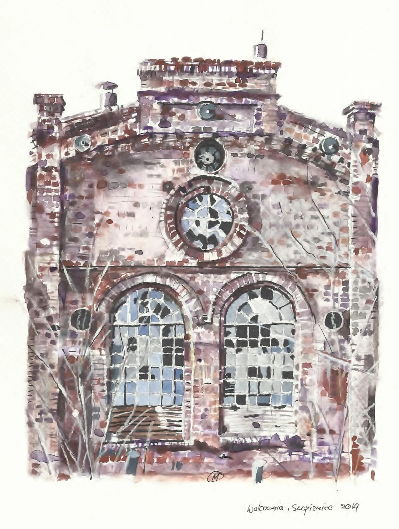 Walcownia, Huta Katowice Zabytkowa fasada ceglanego budynku z dużymi, łukowatymi oknami i zegarem nad wejściem, utrzymana w delikatnych akwarelowych barwach, widoczne fragmenty roślinności na pierwszym planie.