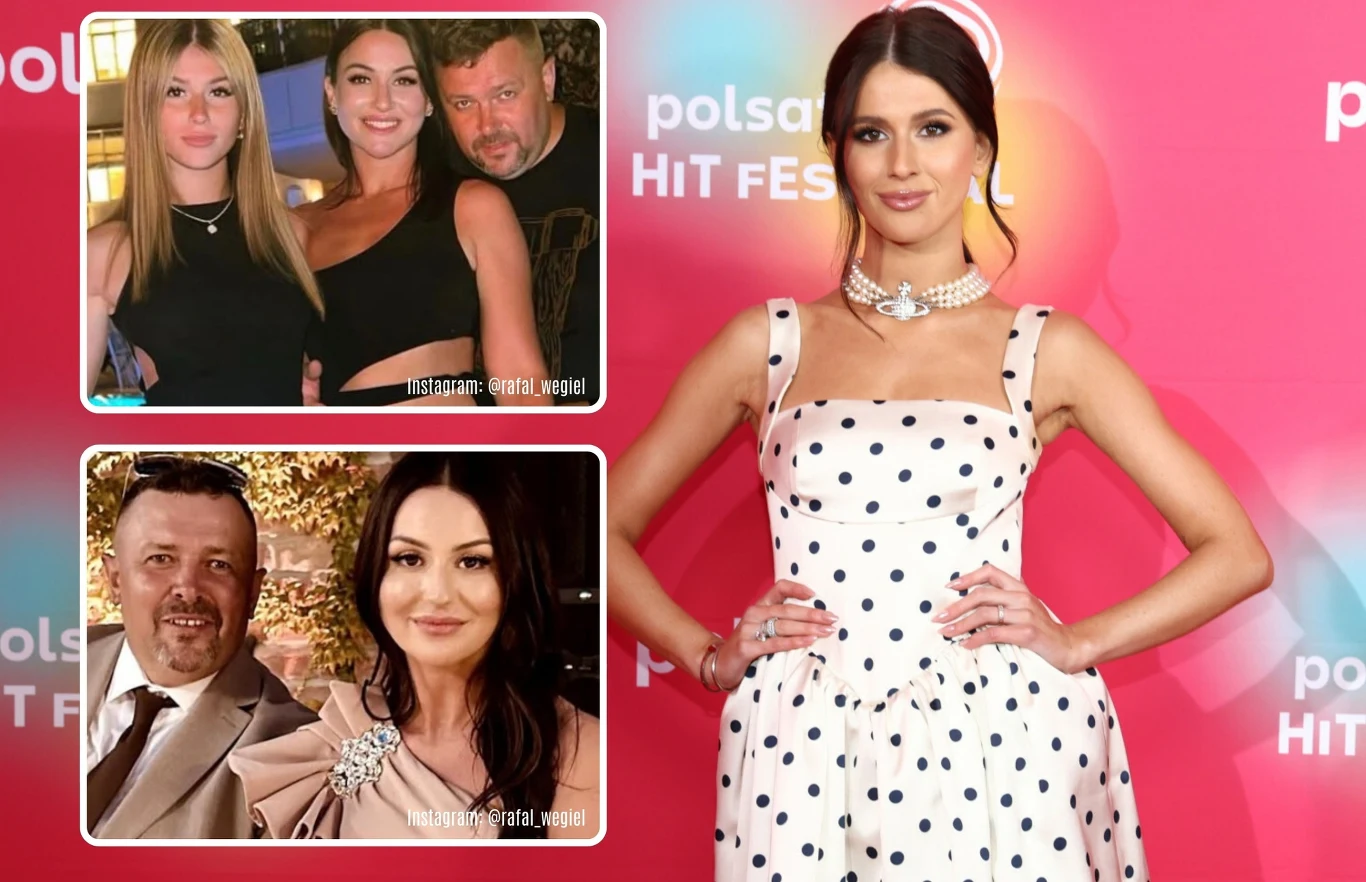 Młoda kobieta w białej sukience w czarne grochy stoi na tle różowej ścianki z logiem festiwalu Polsat Hit Festival, obok dwa kolaże zdjęć z grupą osób ubranych elegancko, w sytuacjach towarzyskich.