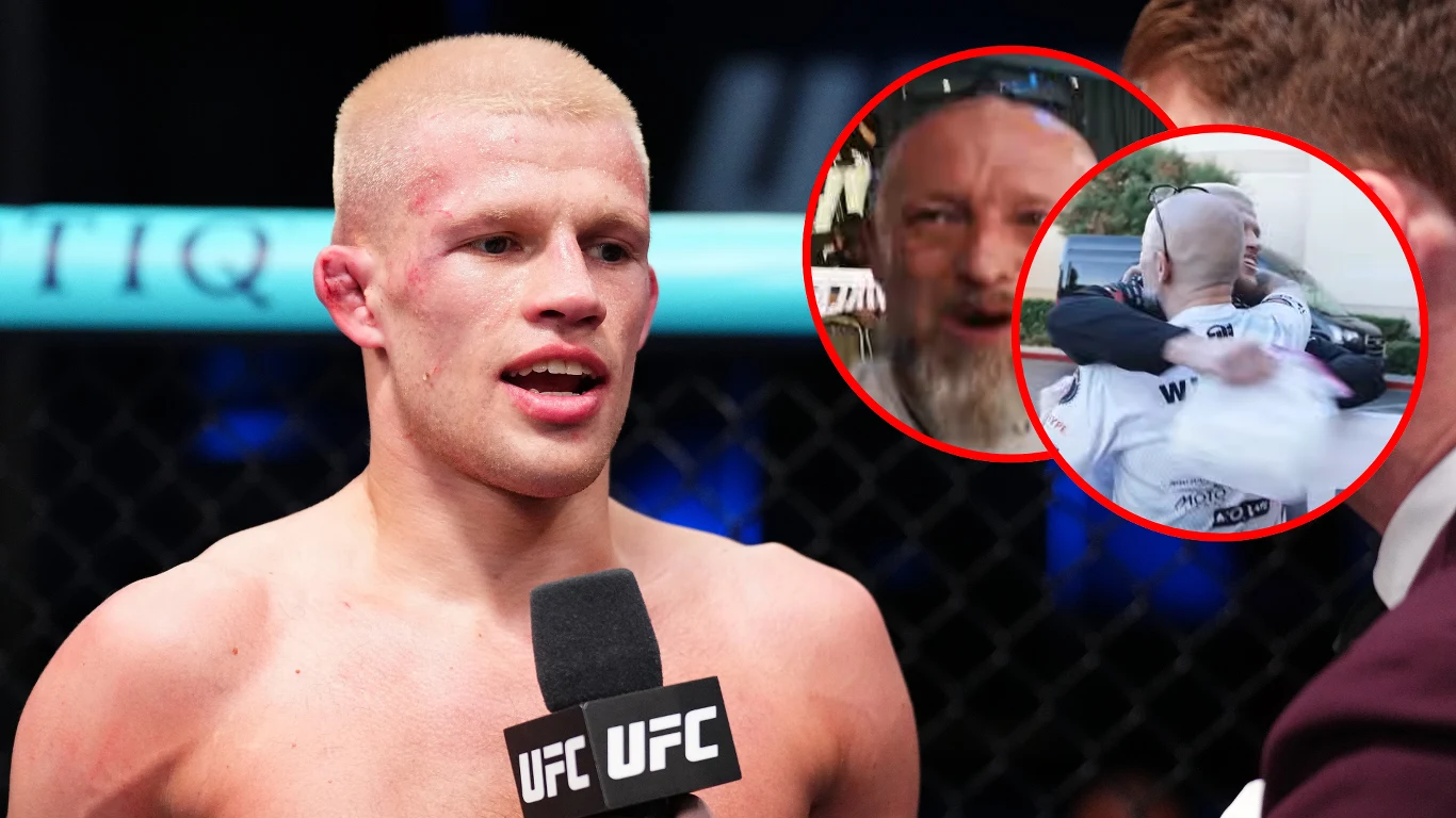 Jakub Wikłacz wraz z ojcem Zbliżenie młodego zawodnika MMA o jasnych włosach, trzymającego mikrofon z logo UFC podczas wywiadu po walce, w tle rozmyta klatka oktagonu; grafika z prawej strony przedstawia emocjonalny moment powitania dwóch mężczyzn po walce.