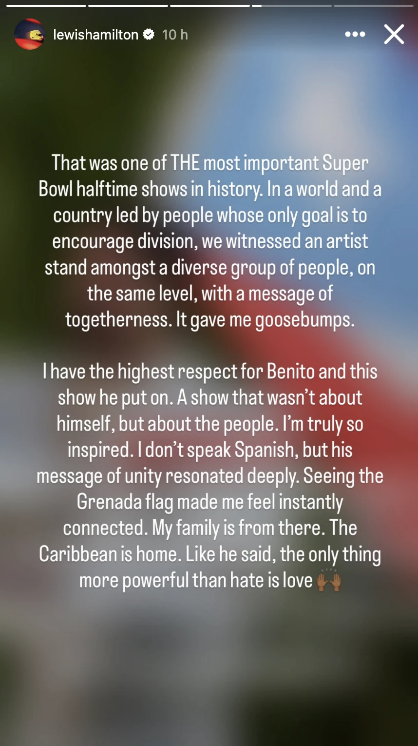 Tekst wypowiedzi wyrażający podziw dla występu podczas Super Bowl, podkreślający znaczenie jedności, wspólnoty i szacunku wobec różnorodności kulturowej. Słowa zawierają osobiste refleksje na temat inspiracji oraz więzi z własną rodziną i karaibskimi k...