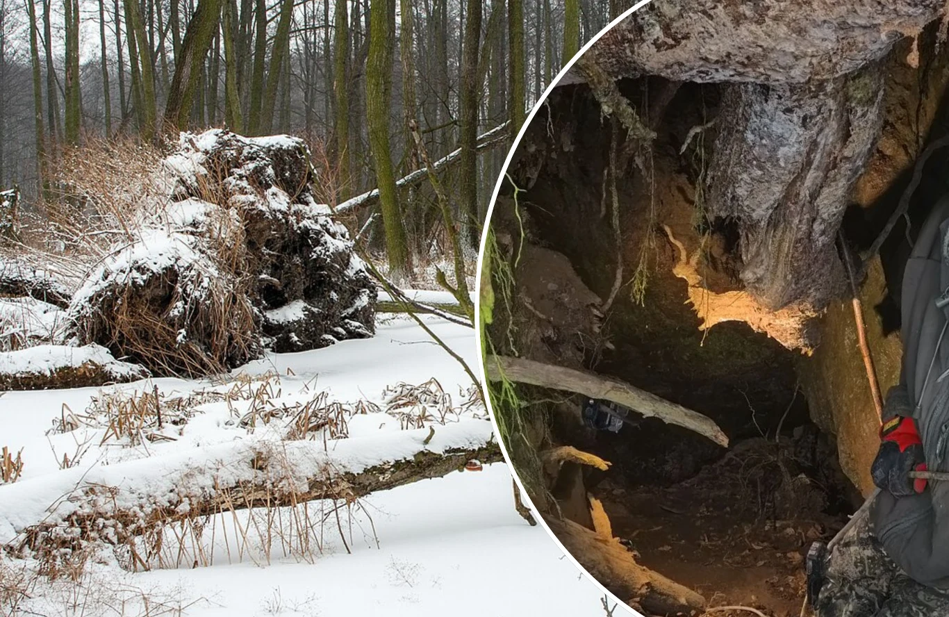 Autor kanału "Wyprawy Leona" zbadał miejsce, które odsłoniło przewrócone drzewo. Zimowy las z obalonym, wyrwanym z korzeniami drzewem, w którego systemie korzeniowym widoczna jest niewielka jaskinia lub nora, częściowo oświetlona latarką.