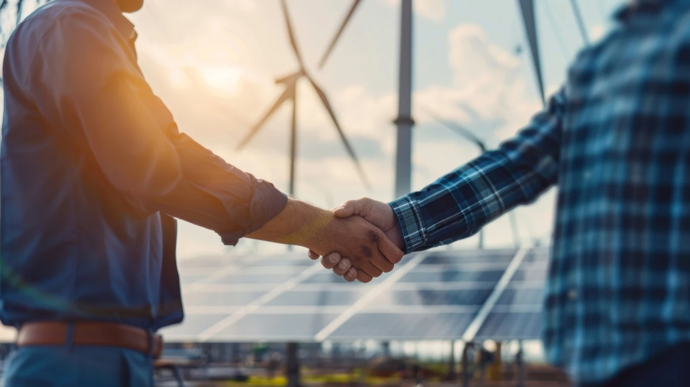 Jak założyć spółdzielnię energetyczną? Dwie osoby w ubraniach biznesowych podają sobie rękę na tle farmy wiatrowej oraz paneli słonecznych, z promieniami słońca tworzącymi przyjazny klimat współpracy i zrównoważonego rozwoju.