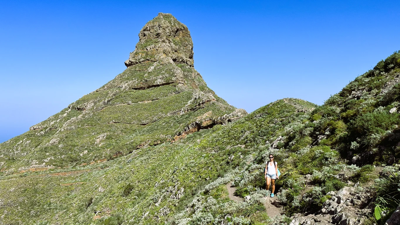 Górzysty krajobraz z wyraźną, skalistą formacją szczytową i wędrowcem idącym wzdłuż wąskiej ścieżki, otoczonej soczystą, zieloną roślinnością pod błękitnym niebem.