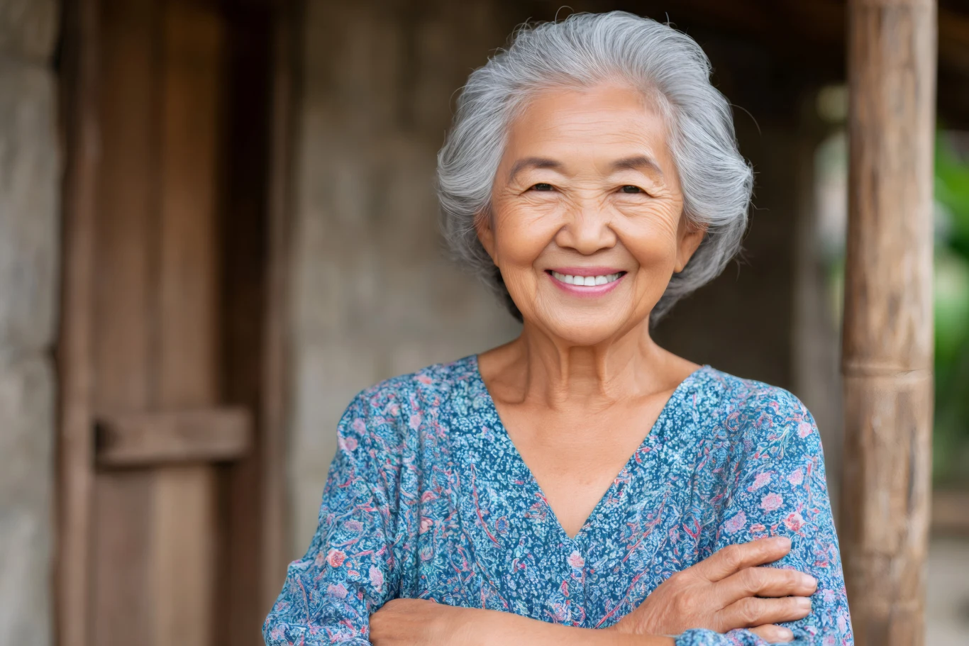 Starsza kobieta o siwych włosach ubrana w niebieską bluzkę z kwiatowym wzorem stoi z założonymi rękami i uśmiecha się, na tle drewnianych i kamiennych elementów budynku.