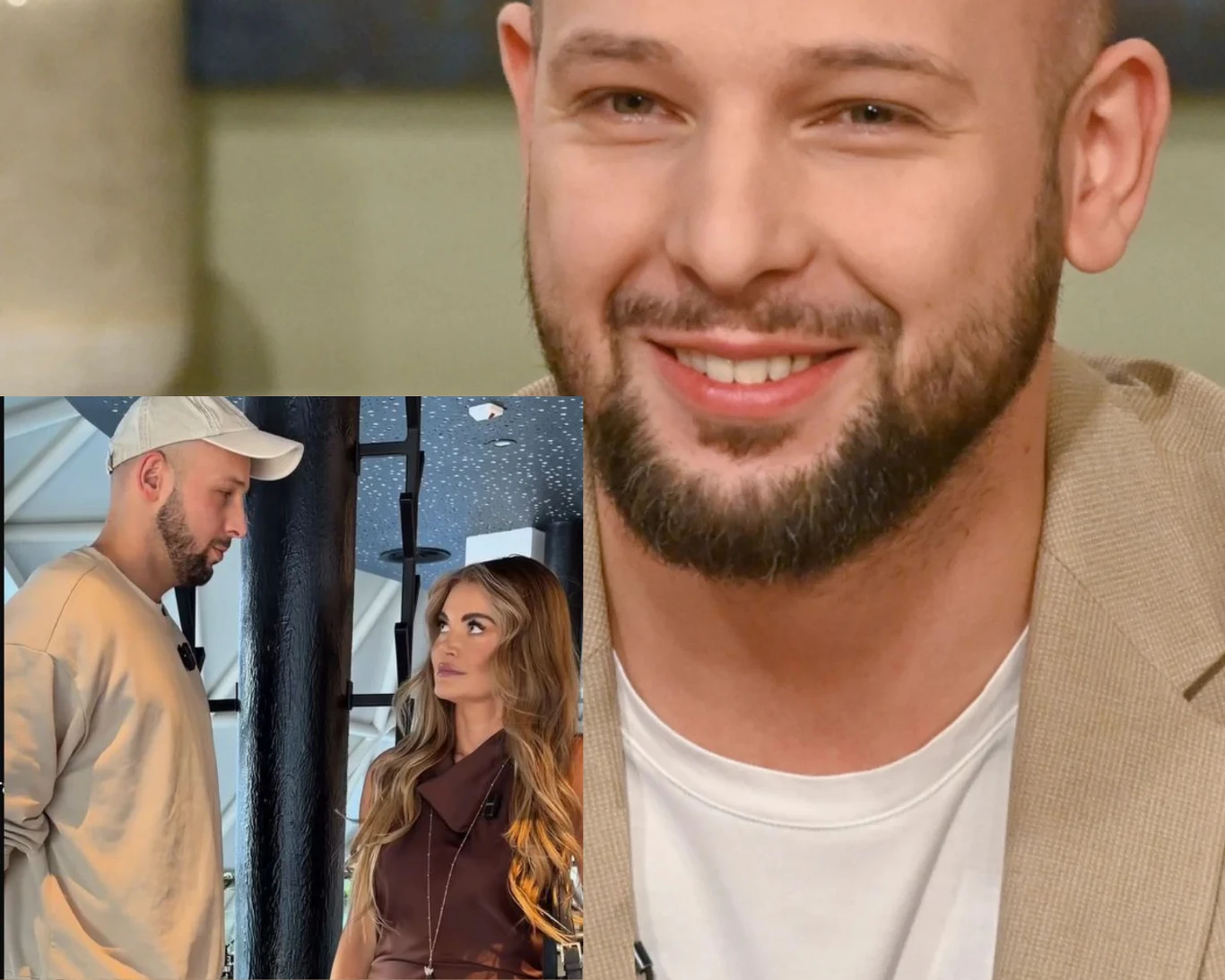 Zbliżenie uśmiechniętego mężczyzny z brodą w jasnej marynarce; w lewym dolnym rogu znajduje się mniejsze zdjęcie, na którym ten sam mężczyzna rozmawia z kobietą o długich włosach ubranej w bordową koszulę.