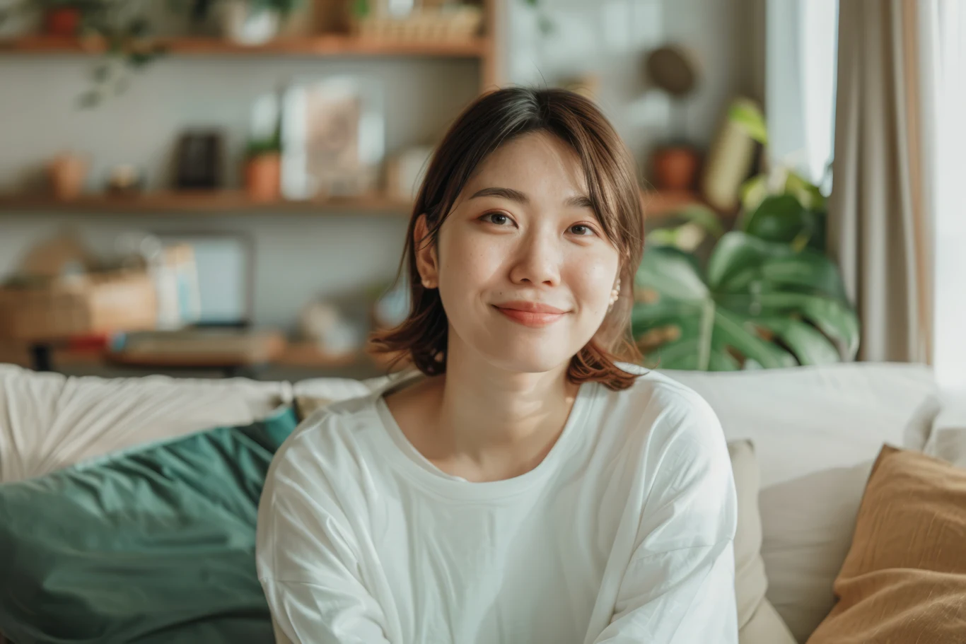 Młoda kobieta z krótkimi włosami w biały t-shirt siedzi na jasnej kanapie w przytulnym, jasnym salonie, w tle widoczne rośliny doniczkowe i półki z dekoracjami.