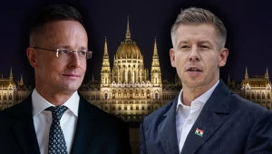 Szef MSZ Węgier ​Peter Szijjarto (z lewej) wniósł zawiadomienie o podejrzeniu popełnienia przestępstwa przez lidera opozycji Petera Magyara (z prawej)