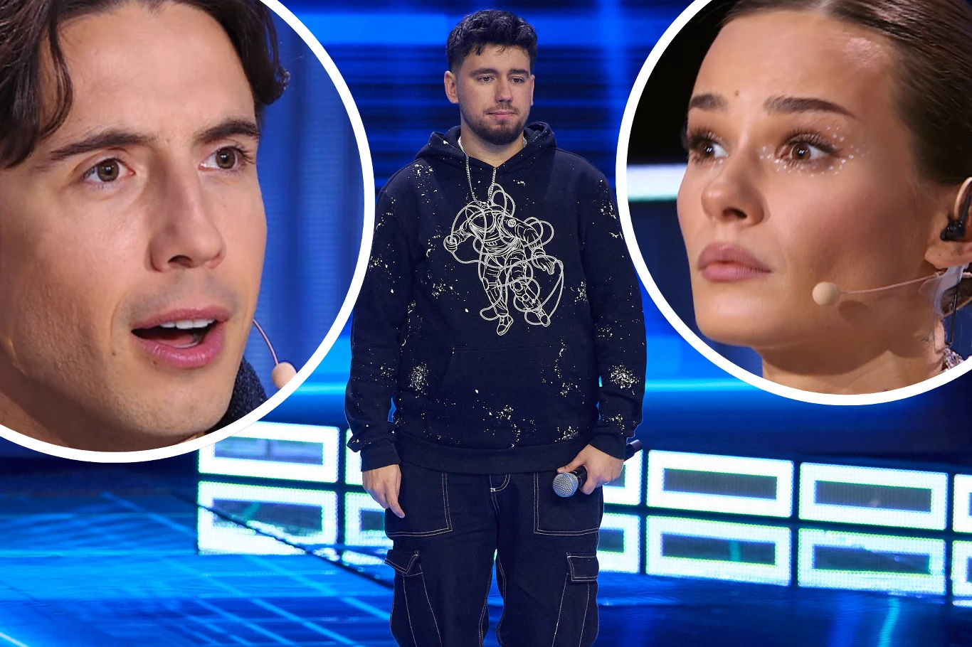 Polsat ujawnił pierwszego uczestnika 13. edycji "Must Be The Music" Mężczyzna w czarnej bluzie z białym wzorem stoi na jasnym, nowoczesnym tle sceny, z poważnym wyrazem twarzy. Po bokach widoczne zbliżenia na twarze dwóch osób, mężczyzny i kobiety, oboje wyraźnie poruszeni, emocje na ich twarzach są silne, kobieta ma ł...