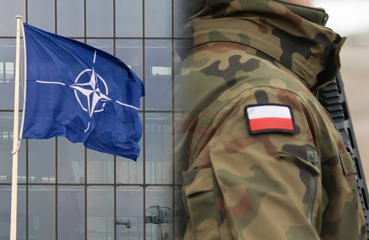 Pierwszy raz w historii oficer Wojska Polskiego stanie na czele dowództwa połączonego NATO. Zdj. ilustracyjne Flaga NATO na tle szklanego budynku obok sylwetki żołnierza w mundurze z widoczną naszywką polskiej flagi na ramieniu.