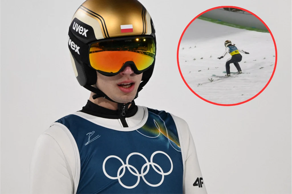 Skoczek narciarski w kombinezonie z olimpijskimi symbolami i złotym kaskiem, w tle powiększone ujęcie lądowania na skoczni narciarskiej.