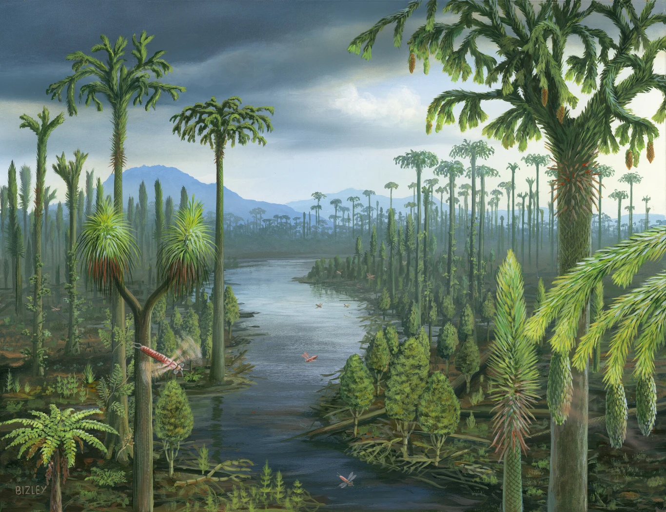 Gęsta, prastara puszcza z okresu prehistorycznego z dominacją wysokich paproci drzewiastych oraz innych pradawnych roślin, przez środek której płynie szeroka rzeka, a w powietrzu i nad wodą widoczne są prymitywne owady.