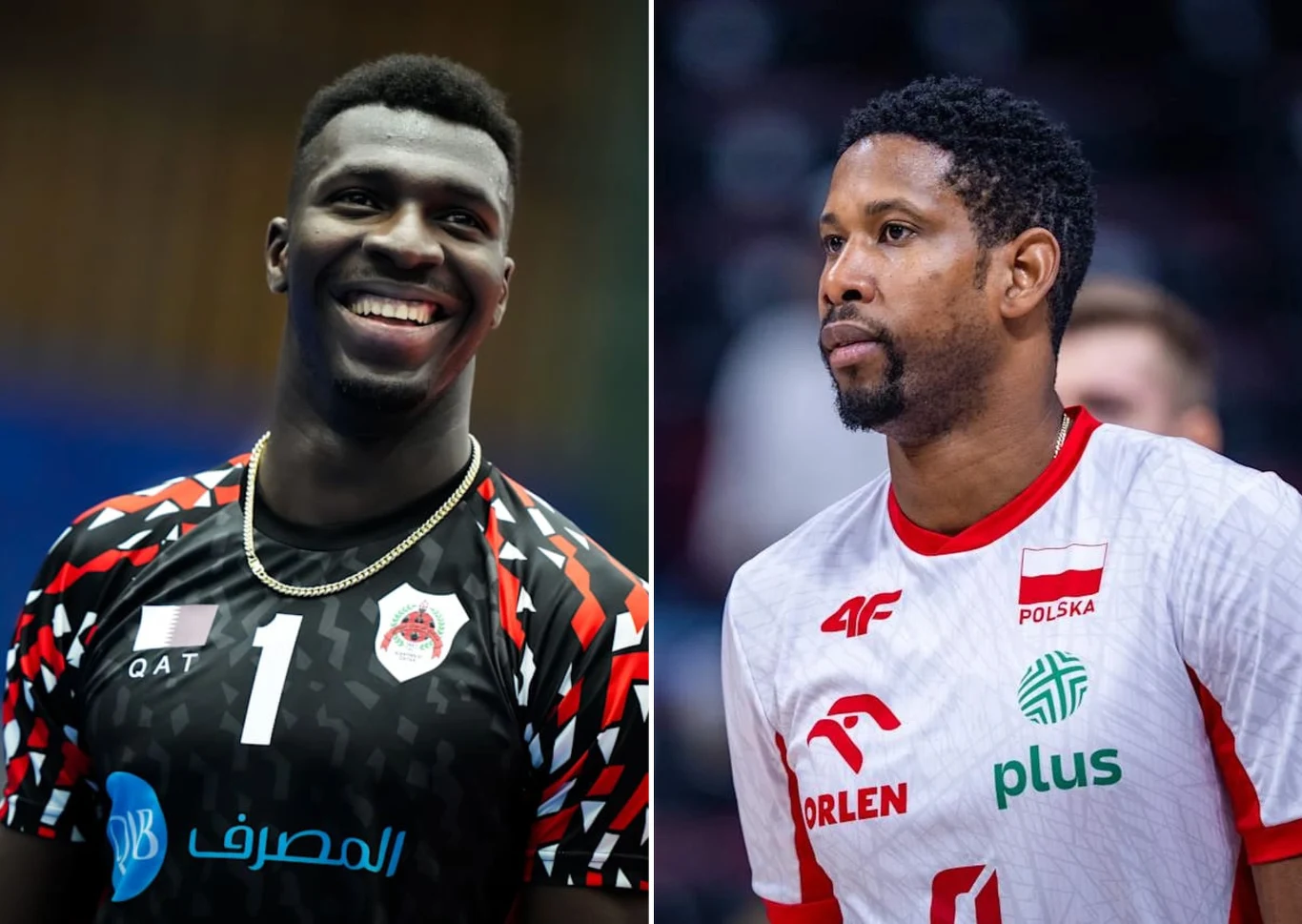 Noumory Keita ma wzmocnić kadrę Włoch. Z prawej Wilfredo Leon Dwóch siatkarzy w oficjalnych strojach sportowych swoich drużyn, po lewej stronie zawodnik drużyny z Kataru, uśmiechnięty, po prawej skoncentrowany zawodnik reprezentacji Polski.