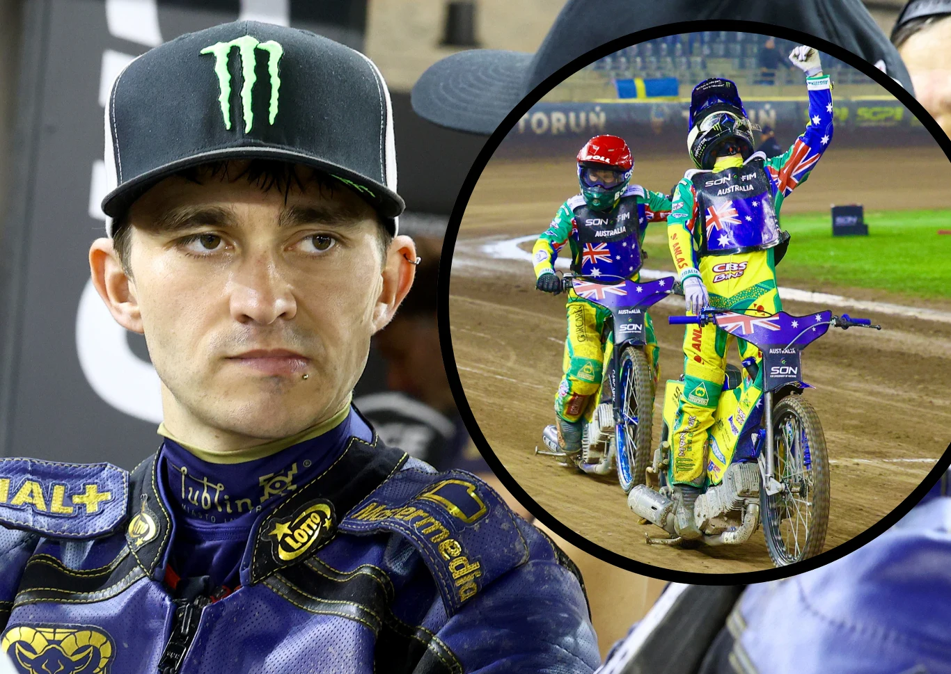Jack Holder może szybko opuścić Stal Gorzów. Zawodnik żużlowy w stroju startowym z wyraźnym logo sponsora na czapce, w tle w okrągłym kadrze dwójka zawodników na motocyklach świętująca na torze po wyścigu.