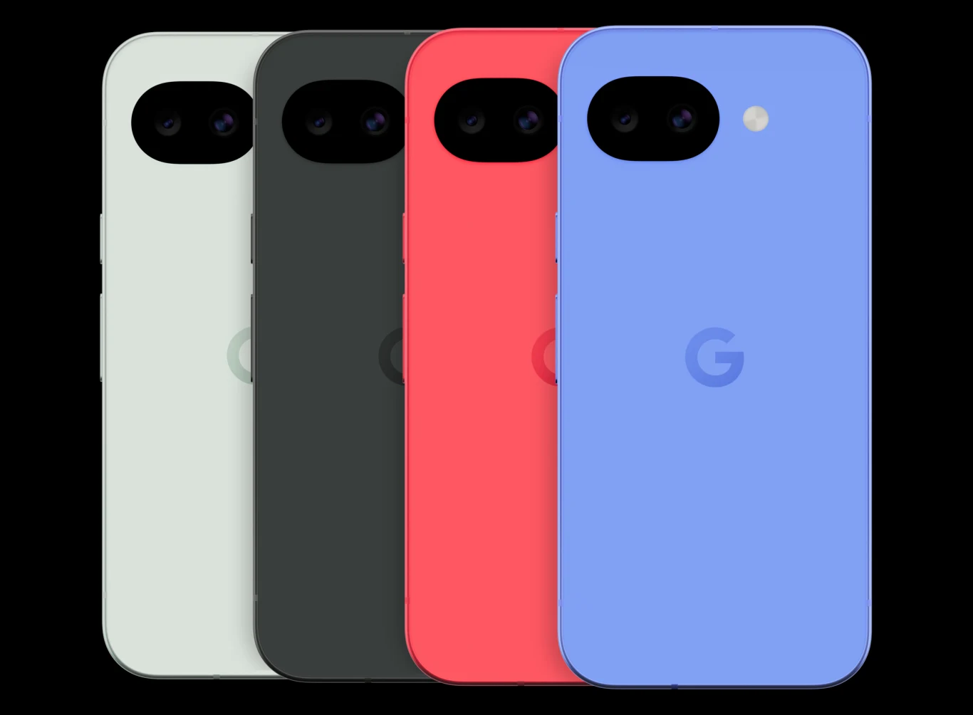 Cztery smartfony marki Google ustawione obok siebie, każdy w innym kolorze: biały, czarny, czerwony i niebieski, widoczny tylny panel z logo G oraz obiektywem aparatu.