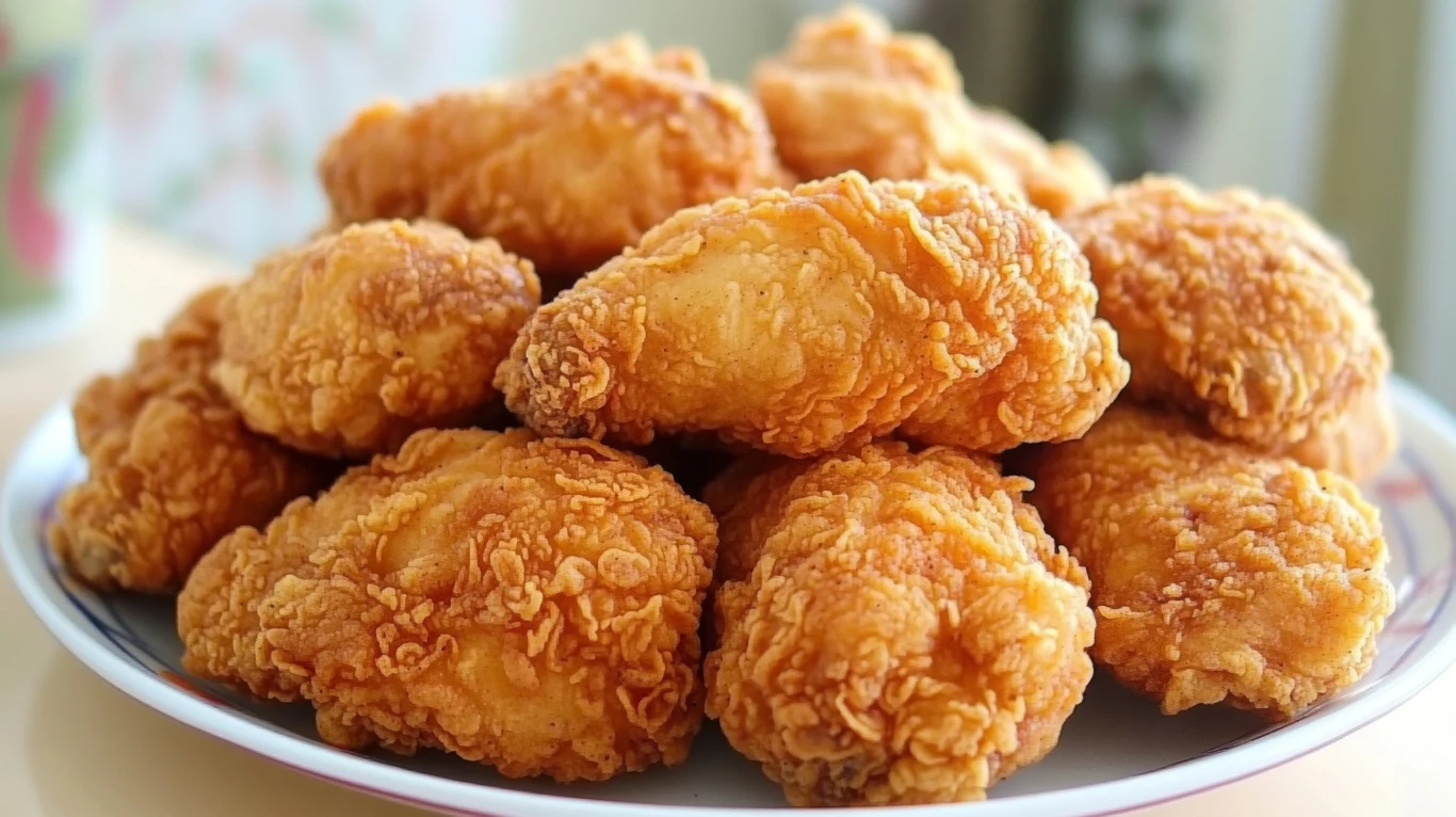 Stos soczystych kawałków smażonego kurczaka w złocistej, chrupiącej panierce na białym talerzu.