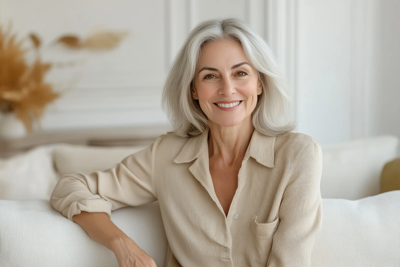 Co nas czeka w sobotę? Wróżka Diana ułożyła karty dla wszystkich znaków Uśmiechnięta kobieta o siwych włosach siedzi na jasnej sofie w przytulnym, jasnym wnętrzu. Ubrana w beżową koszulę, emanacja spokoju i radości.