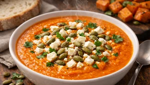 Jedna zupa zamiast dwóch dań. Rozgrzewający krem z pieczonych batatów z fetą i pestkami dyni