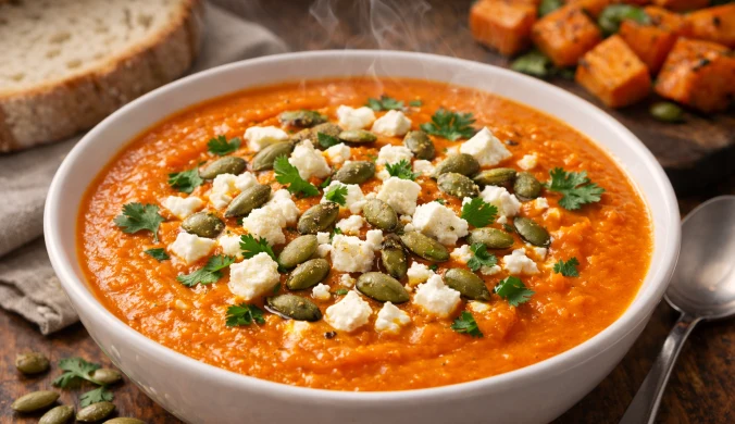 Jedna zupa zamiast dwóch dań. Rozgrzewający krem z pieczonych batatów z fetą i pestkami dyni