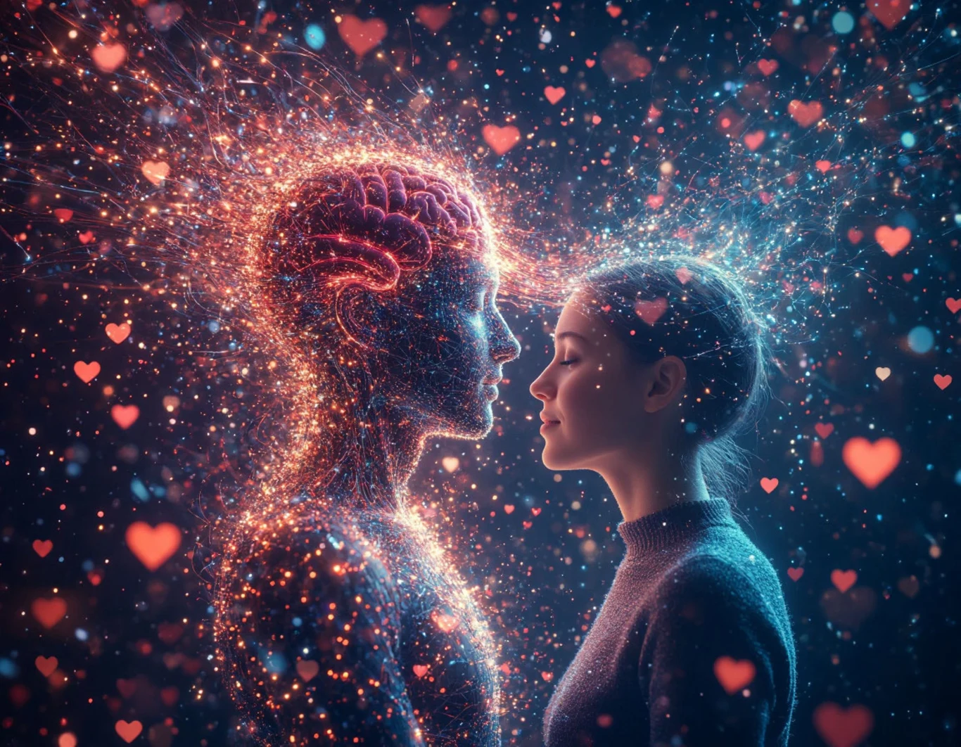 Kobieta stojąca naprzeciwko świetlistej, abstrakcyjnej postaci humanoidalnej z wyraźnie widocznym mózgiem, otoczeni przez unoszące się serca w rozświetlonej, magicznej atmosferze.