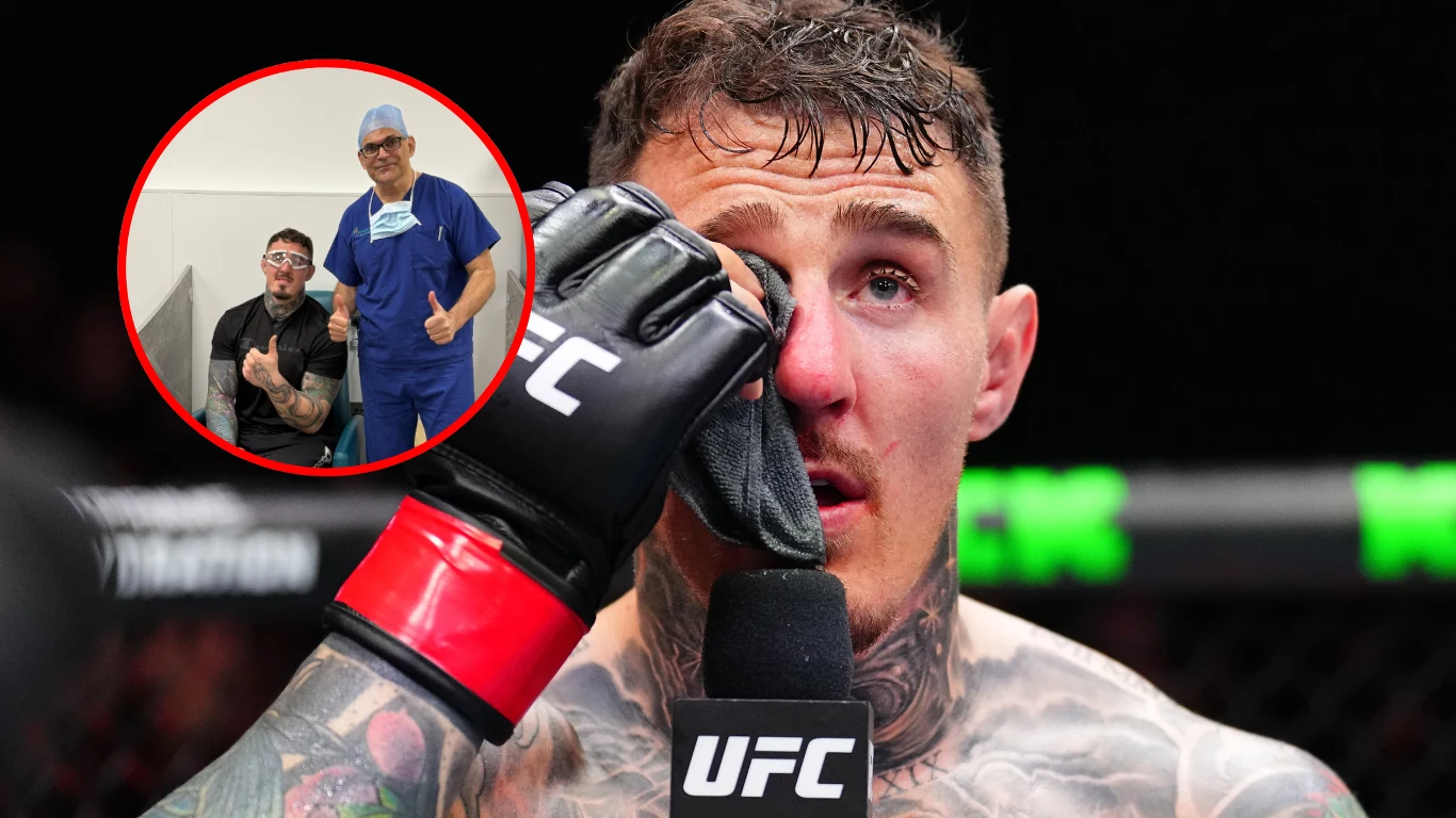 Tom Aspinall Zawodnik MMA z widocznymi śladami kontuzji podczas walki, trzyma rękawicę przy twarzy, na pierwszym planie logo UFC. W okrągłej wstawce widać tego samego sportowca oraz lekarza, obaj pokazują gesty kciukiem skierowanym do góry.