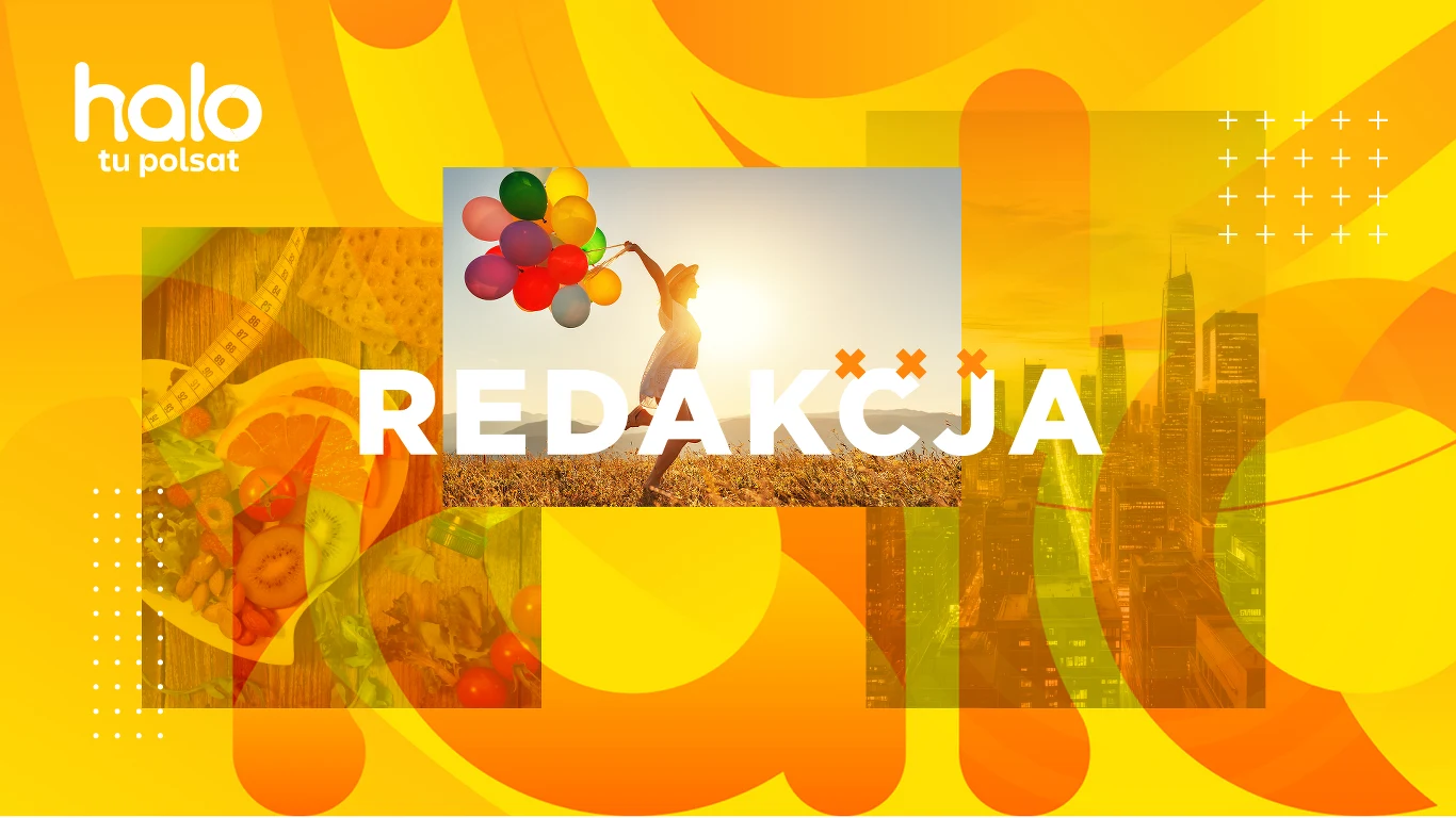 Redakcja halo tu polsat Kolorowa grafika z elementami abstrakcyjnymi, napisem REDAKCJA na środku, zdjęciem kobiety trzymającej balony przy zachodzie słońca oraz logotypem 'halo tu polsat' w lewym górnym rogu.