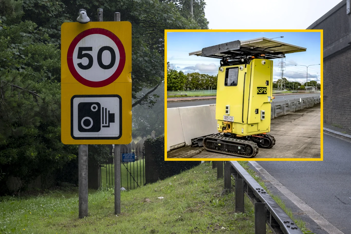 Radar, który wygląda jak koparka. Screen. Traffic Management Association of Australia @Facebook Znak drogowy informujący o ograniczeniu prędkości do 50 km/h oraz o obecności fotoradaru. W ramce wydzielonej znajduje się żółty, samobieżny fotoradar na gąsienicach ustawiony przy drodze.