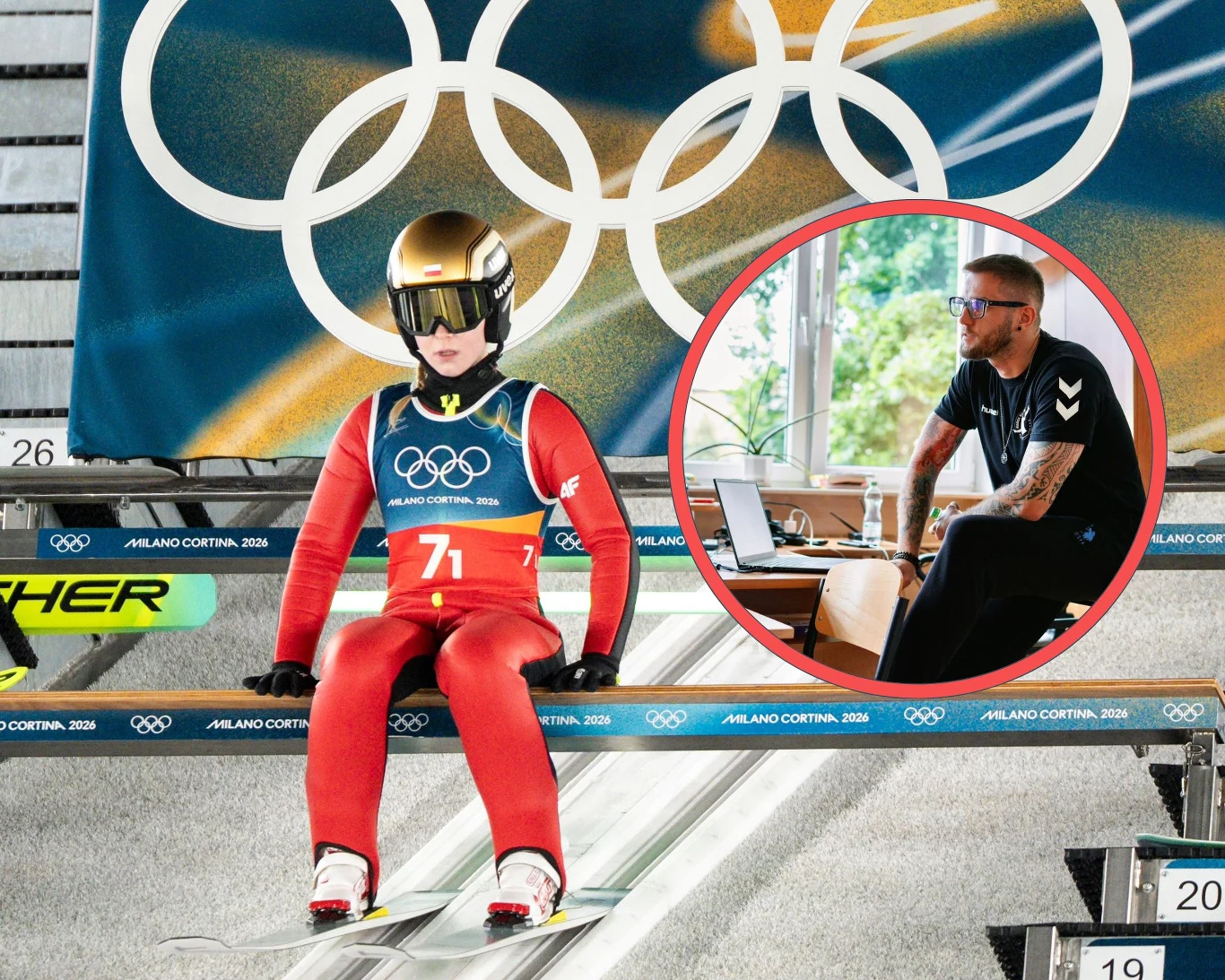 Pola Bełtowska i Rafał Koszyk (w ramce) Zawodnik w czerwonym kombinezonie i złotym kasku siedzi na belce skoczni narciarskiej, w tle widoczne charakterystyczne pierścienie olimpijskie oraz baner z napisem 'Milano Cortina 2026'. W prawym dolnym rogu umieszczone jest okrągłe zdjęcie mężczyzny ...
