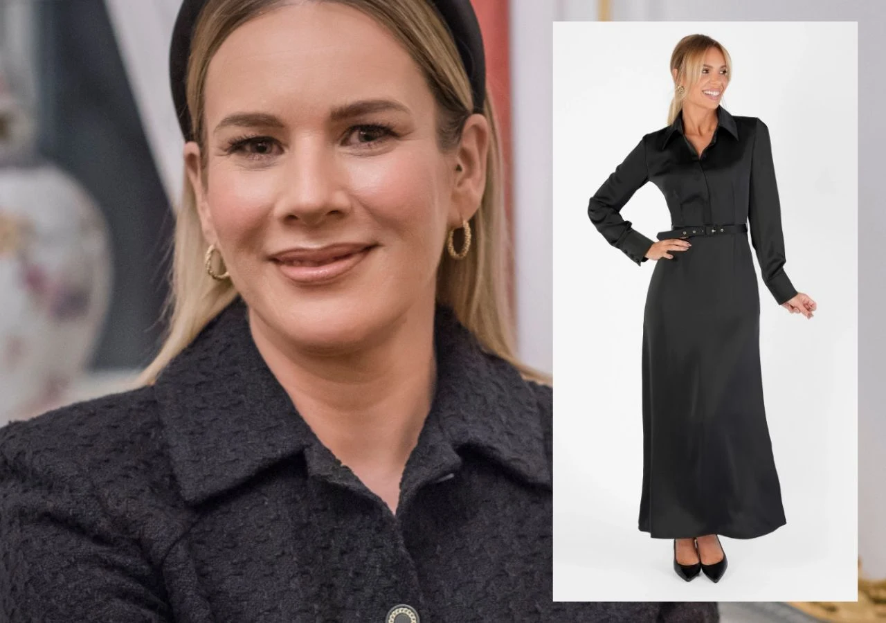 Uśmiechnięta kobieta z blond włosami, ubrana w czarną marynarkę, pozująca na tle rozmytego wnętrza. Po prawej stronie widoczne zdjęcie kobiety w długiej, czarnej sukience z paskiem, stojącej bokiem i patrzącej w obiektyw.