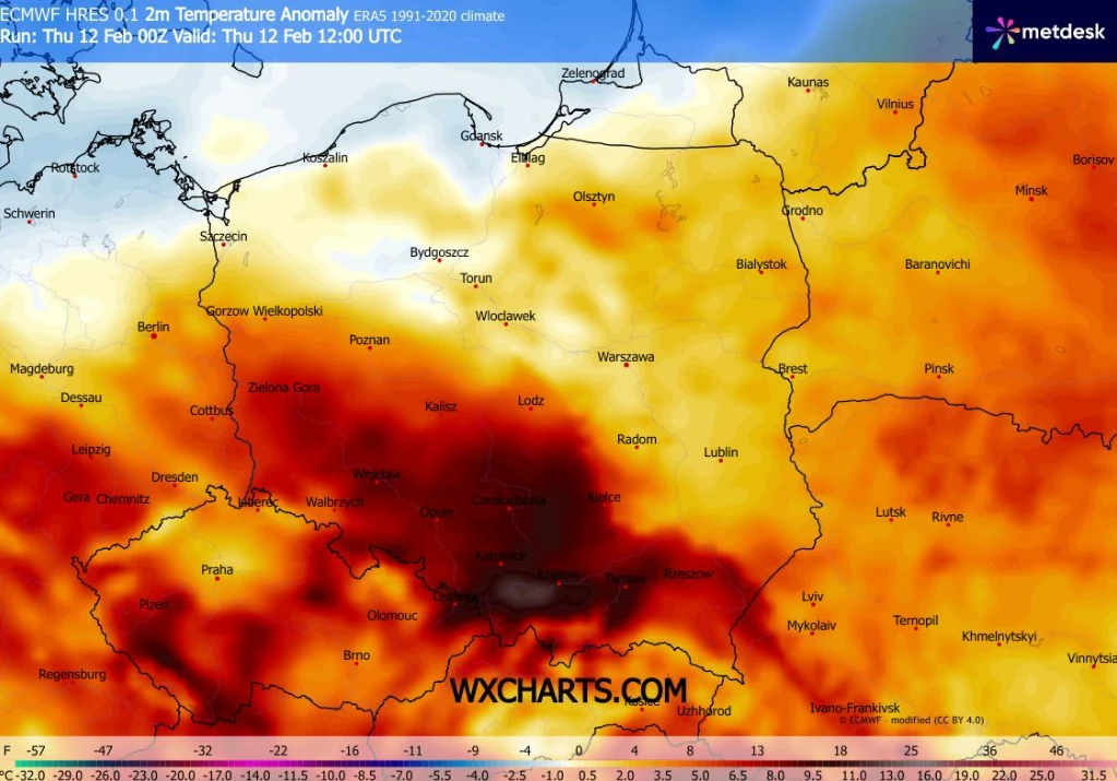 Czwartek będzie ciepły, zwłaszcza na południu, gdzie będzie kilkanaście stopni powyżej zera Kolorowa mapa pokazująca anomalię temperatur na terenie Polski oraz części Niemiec, Białorusi i Ukrainy, z wyróżnionymi obszarami o wyższych i niższych temperaturach w różnych odcieniach żółci, pomarańczu i czerwieni. Na mapie widoczne są główne miasta...