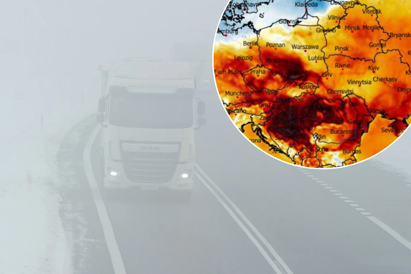 W północnej połowie kraju pojawiły się gęste mgły. Miejscami mogą się utrzymać przez cały dzień Ciężarówka jadąca po śliskiej, pokrytej śniegiem drodze we mgle, w prawym górnym rogu okrągła mapa przedstawiająca anomalie pogodowe i temperatury w środkowej i wschodniej Europie.