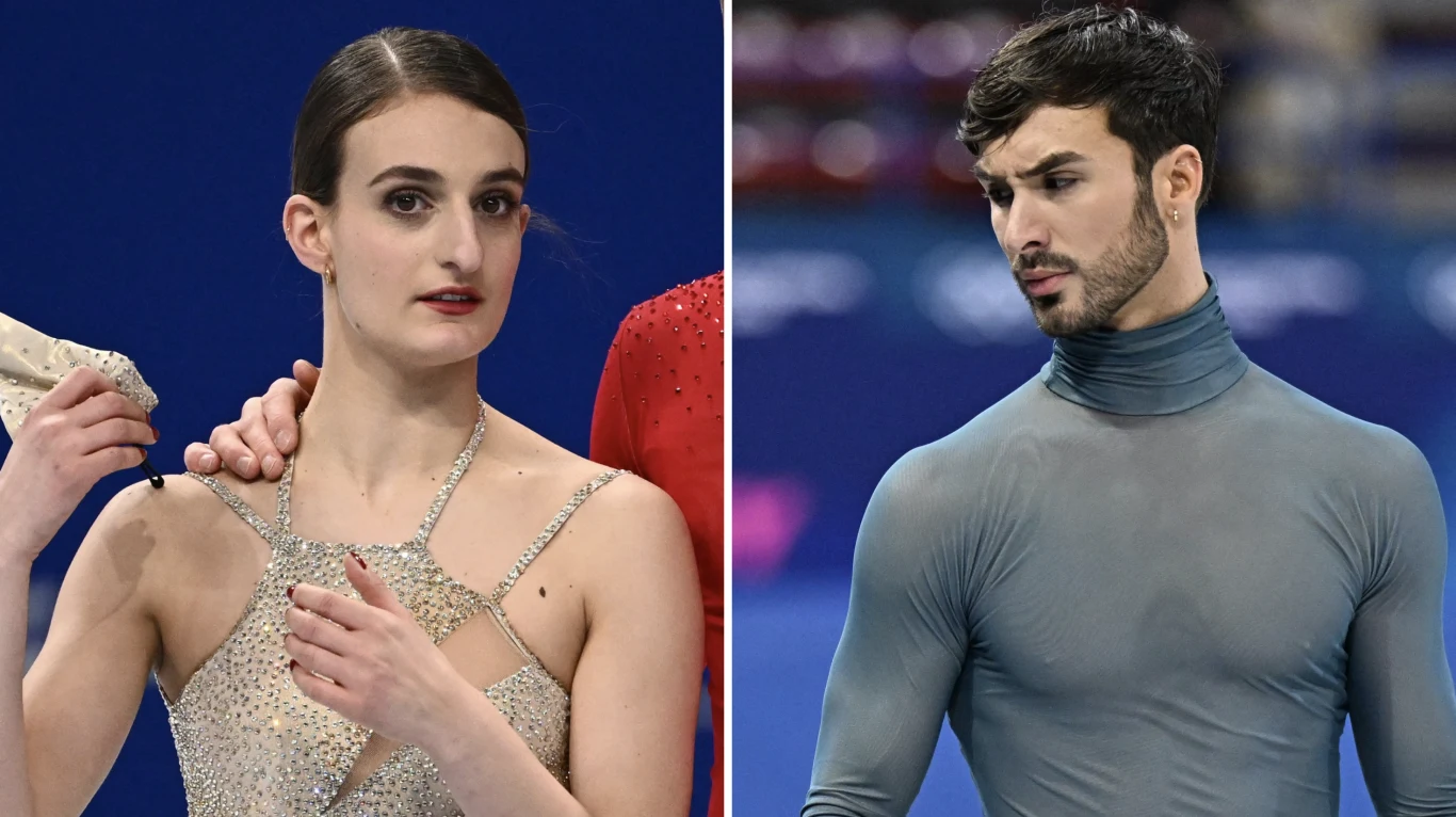 Gabriella Papadakis oskarżyła Guillaume Cizerona o znęcanie Dwoje sportowców na lodowisku, ubranych w eleganckie stroje łyżwiarskie, skupieni i skoncentrowani, w tle rozmazane trybuny.