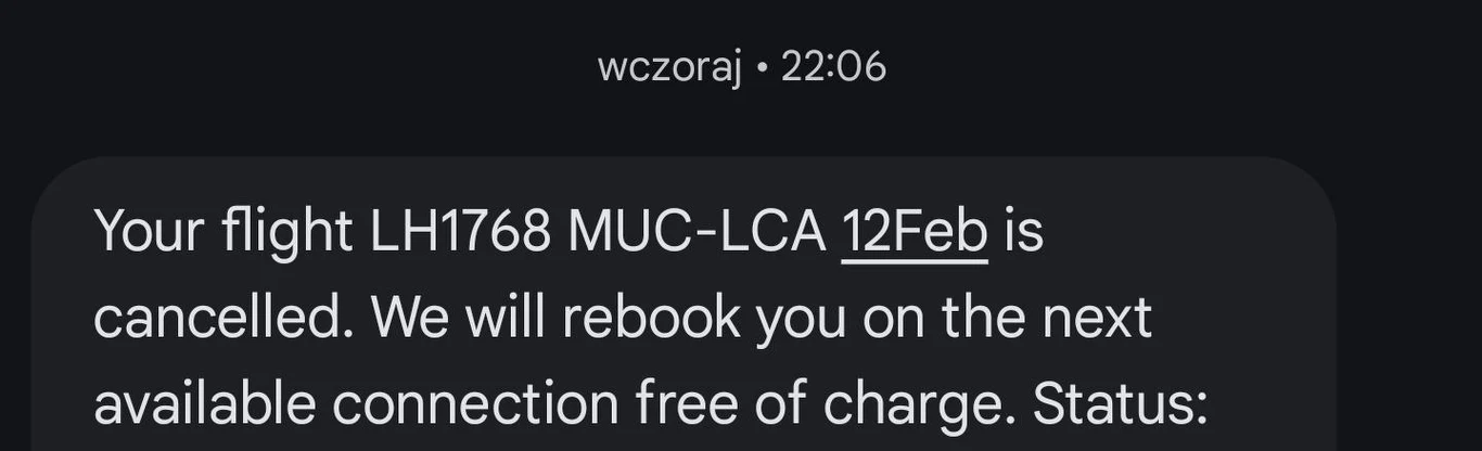Komunikat z informacją o odwołanym locie LH1768 na trasie Monachium-Larnaka 12 lutego oraz zapewnieniem o bezpłatnej zmianie rezerwacji na najbliższe dostępne połączenie.