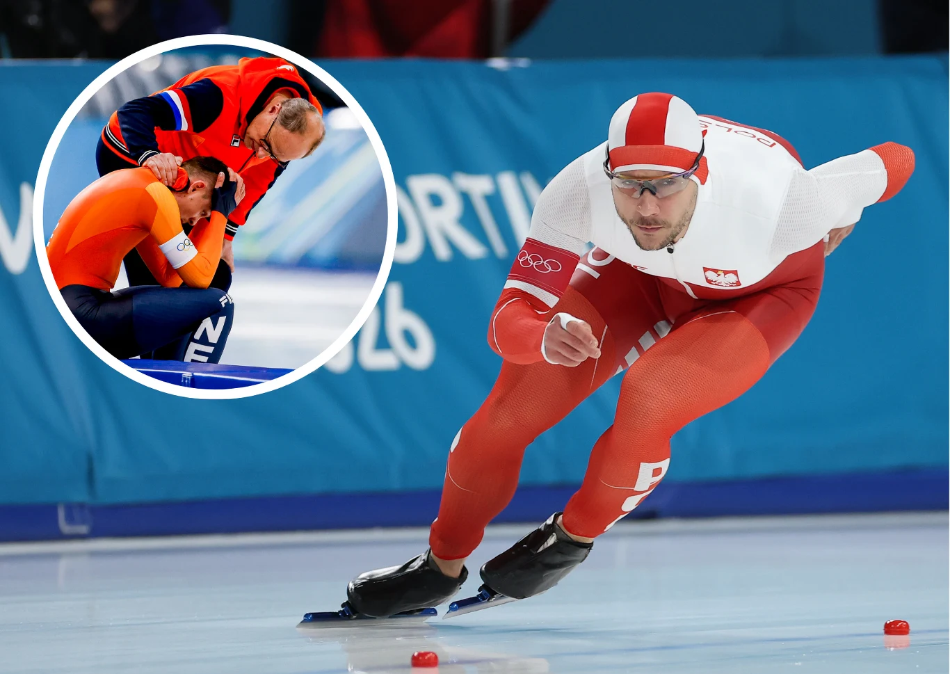 Joep Wennemars i Piotr Michalski mieli ogromnego pecha w wyścigu na 1000 metrów Polski łyżwiarz szybki w biało-czerwonym stroju podczas wyścigu na lodowisku, dynamiczna poza, sportowy charakter rywalizacji. Wstawka w lewym górnym rogu pokazuje zawodnika w pomarańczowym stroju otrzymującego wsparcie trenera po zakończonym wyścigu.