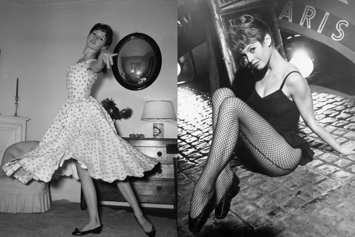 Dwie kobiety w różnych stylizacjach retro, jedna tańczy w jasnej sukience na tle domowego wnętrza, druga siedzi w pozie artystycznej przy znaku z napisem Paris, ubrana w czarne body i kabaretki.