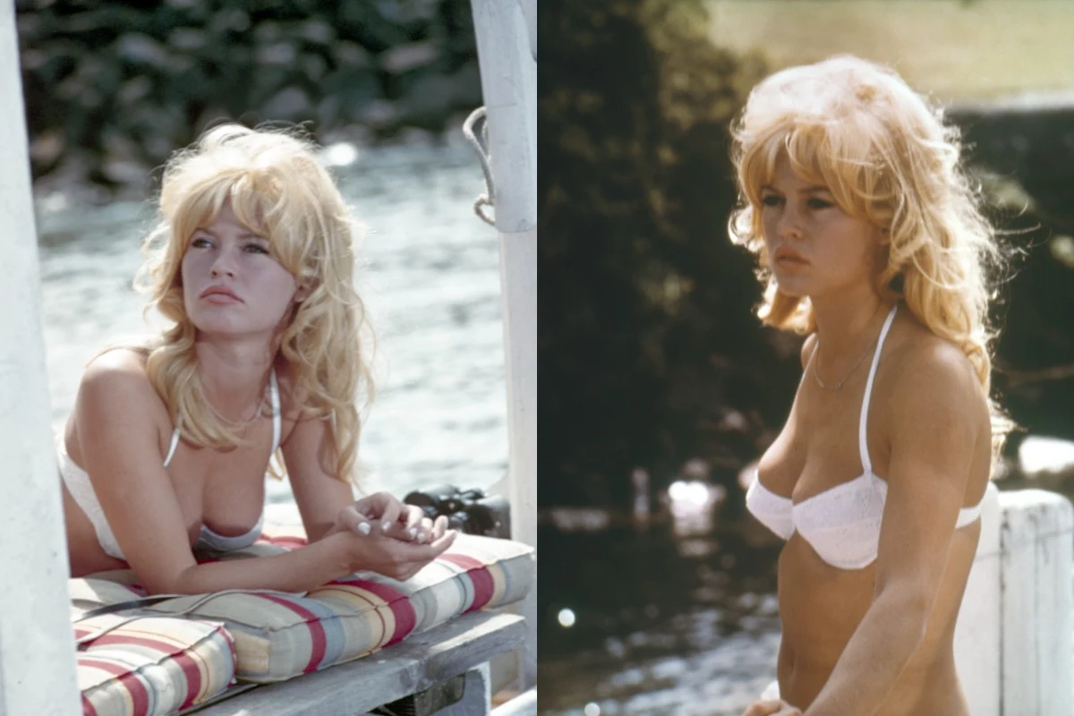 Młoda kobieta z blond włosami w białym bikini wypoczywa na tarasie przy wodzie, opierając się o materac i spoglądając w dal; drugie ujęcie ukazuje ją stojącą nad wodą w tym samym stroju, z zamyślonym wyrazem twarzy.