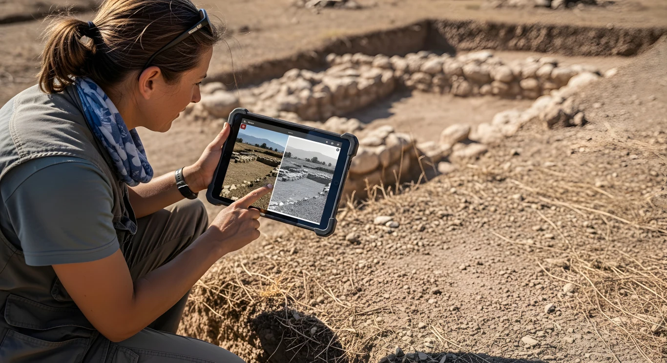 Archeolodzy natrafili na ślady zaginionej misji z XVIII w. Grafika poglądowa. Badaczka analizująca wykopaliska archeologiczne z wykorzystaniem tabletu, na którym widoczny jest obraz porównawczy terenu. W tle fragmenty murów z kamienia, sucha ziemia oraz częściowo odkryte struktury historyczne.