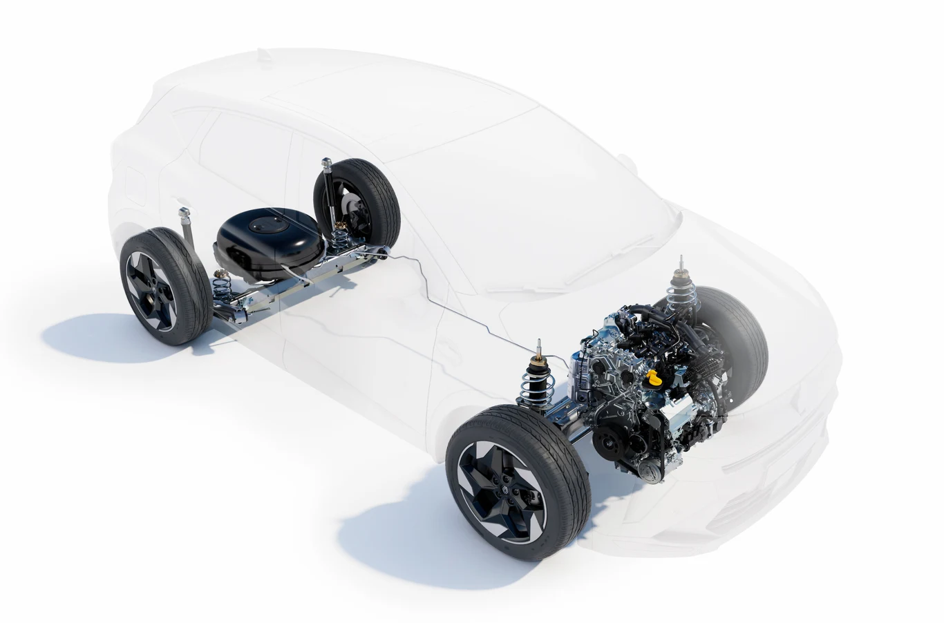 Elementy techniczne samochodu, w tym silnik, zawieszenie, układ kierowniczy, koła oraz częściowo widoczny schemat szkieletu pojazdu na białym tle.