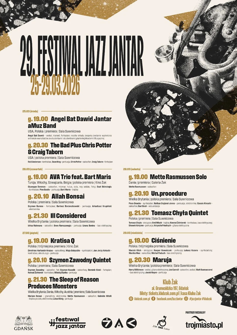 Plakat informujący o 29. Festiwalu Jazz Jantar, który odbędzie się w dniach 25-29 marca 2026 roku w Gdańsku. Znajdują się na nim daty i godziny poszczególnych koncertów, nazwiska artystów oraz zespołów, a także logotypy partnerów i organizatorów. Grafi...