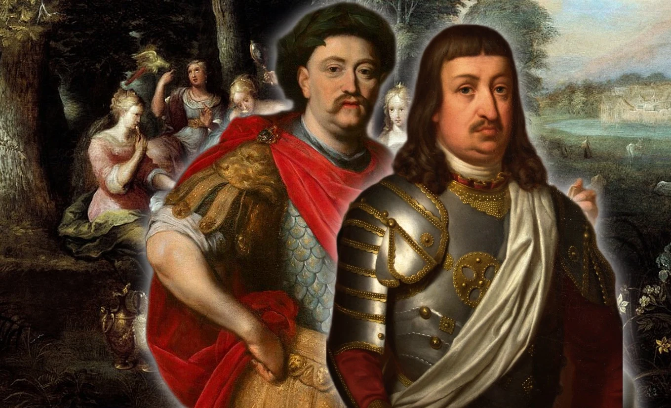 W tle "Pięć zmysłów młodych kobiet w pejzażu z bankietem" pędzla Franza Franckena II le Jeune oraz portrety Jana Sobieskiego autorstwa Daniela Schultza oraz Jana Sobiepana Zamoyskiego autorstwa Józefa Buchbindera. Dwóch mężczyzn ubranych w historyczne stroje zbrojne na tle malowidła przedstawiającego kobiety odpoczywające przy lesie i jeziorze, kompozycja łączy elementy portretu z motywami mitologicznymi.