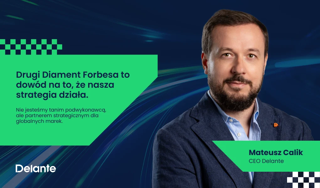 Mężczyzna w garniturze z brodą patrzy w stronę aparatu; po lewej stronie znajduje się zielone pole z cytatem dotyczącym sukcesu firmy Delante, a na dole grafika identyfikuje osobę jako Mateusza Calika, CEO Delante.