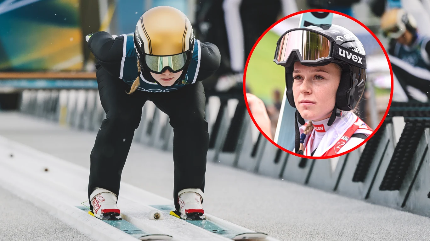 Pola Bełtowska Zawodniczka w stroju narciarskim i kasku przygotowuje się do skoku na torze narciarskim, obok powiększone okrągłe zdjęcie tej samej sportsmenki w hełmie i goglach.