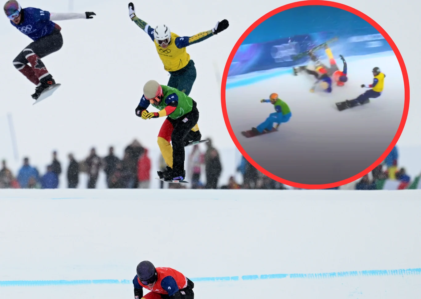 w kółku: upadek Nörla i Ulbrichta Zawodnicy snowboardowi wykonujący skoki na stoku podczas zawodów zimowych, w tle rozmyta grupa obserwatorów. W prawym górnym rogu, na kole powiększenia, pokazany jest moment upadku kilku snowboardzistów podczas wyścigu.