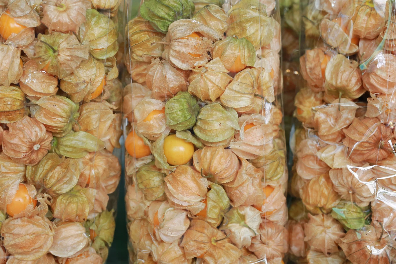 Miechunka w marketach występuje często pod nazwą physalis Duża ilość physalisów o zielonkawych i brązowych łupinkach z widocznymi żółto-pomarańczowymi owocami, szczelnie zapakowanych w przezroczyste torebki.