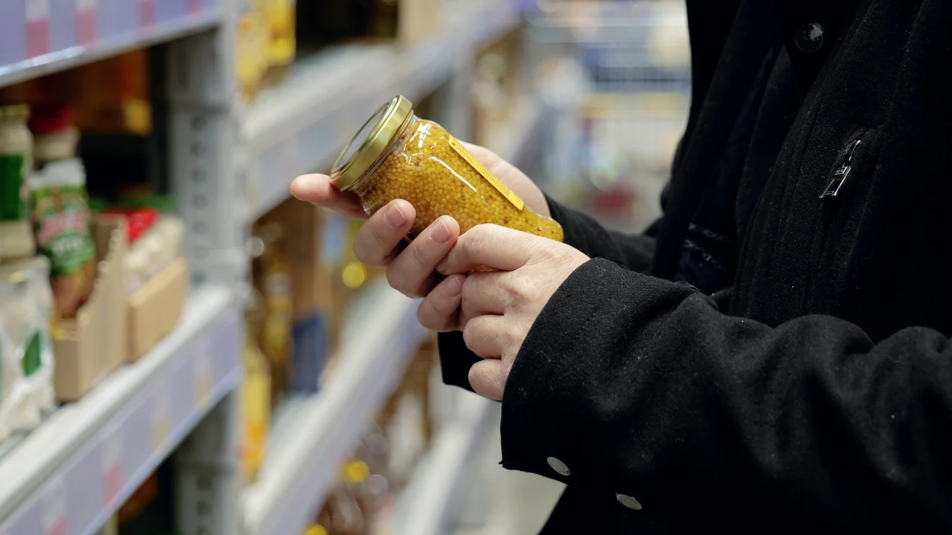 Producenci żywności mają swoje triki, dzięki którym konsumenci chętniej sięgają po pewne produkty. Większość z nich to żywność przetworzona Osoba przeglądająca produkty na półce sklepowej, trzyma w rękach słoik z żywnością i czyta etykietę, w tle półki pełne różnorodnych artykułów spożywczych.