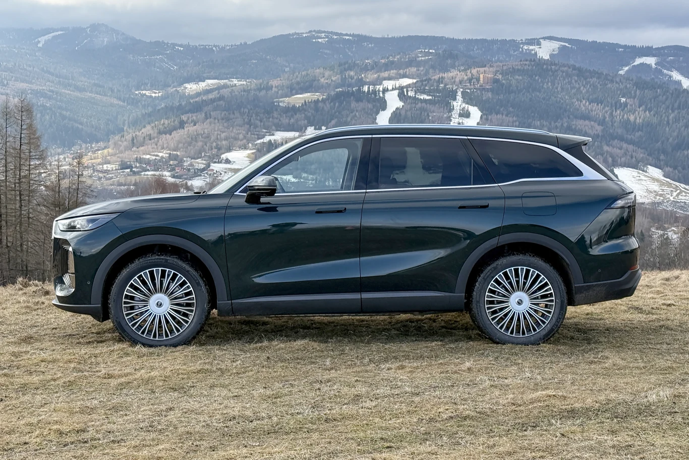 Czarny, nowoczesny SUV zaparkowany na suchej trawie z widokiem na górski krajobraz w tle, pokryty częściowo lasem i ośnieżonymi stokami.