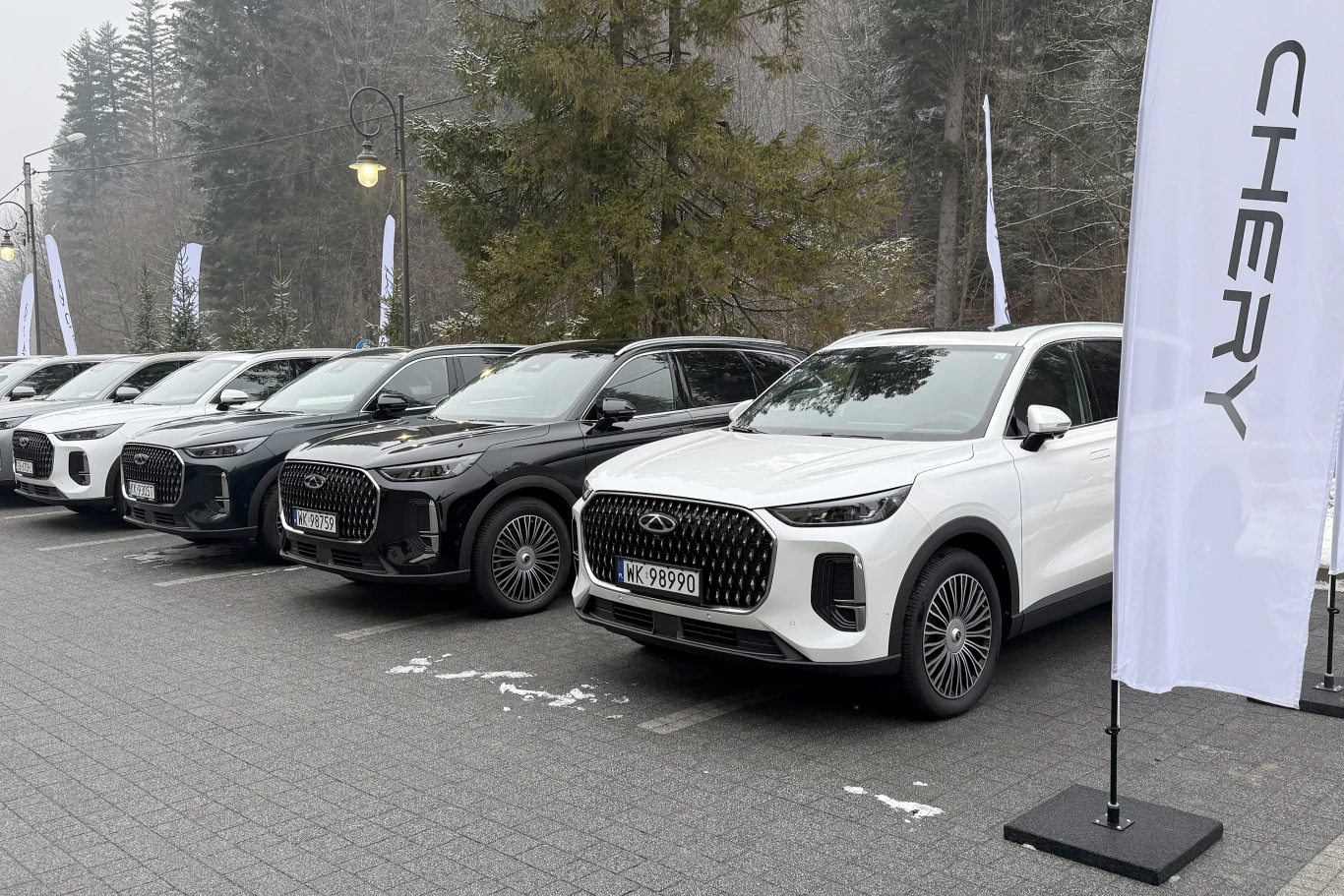 Szereg nowych samochodów marki Chery zaparkowanych na tle drzew, każdy z nich ma charakterystyczny przedni grill, a obok ustawiono flagę z logo marki.